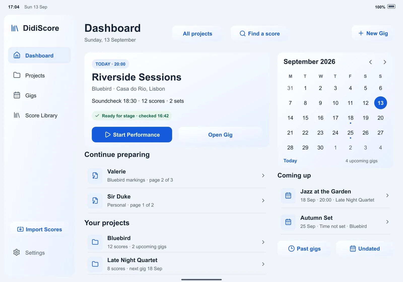 The DidiScore dashboard on iPad: tonight's gig Riverside Sessions marked ready for stage, a Start Performance button, a September calendar and scores to continue preparing.
