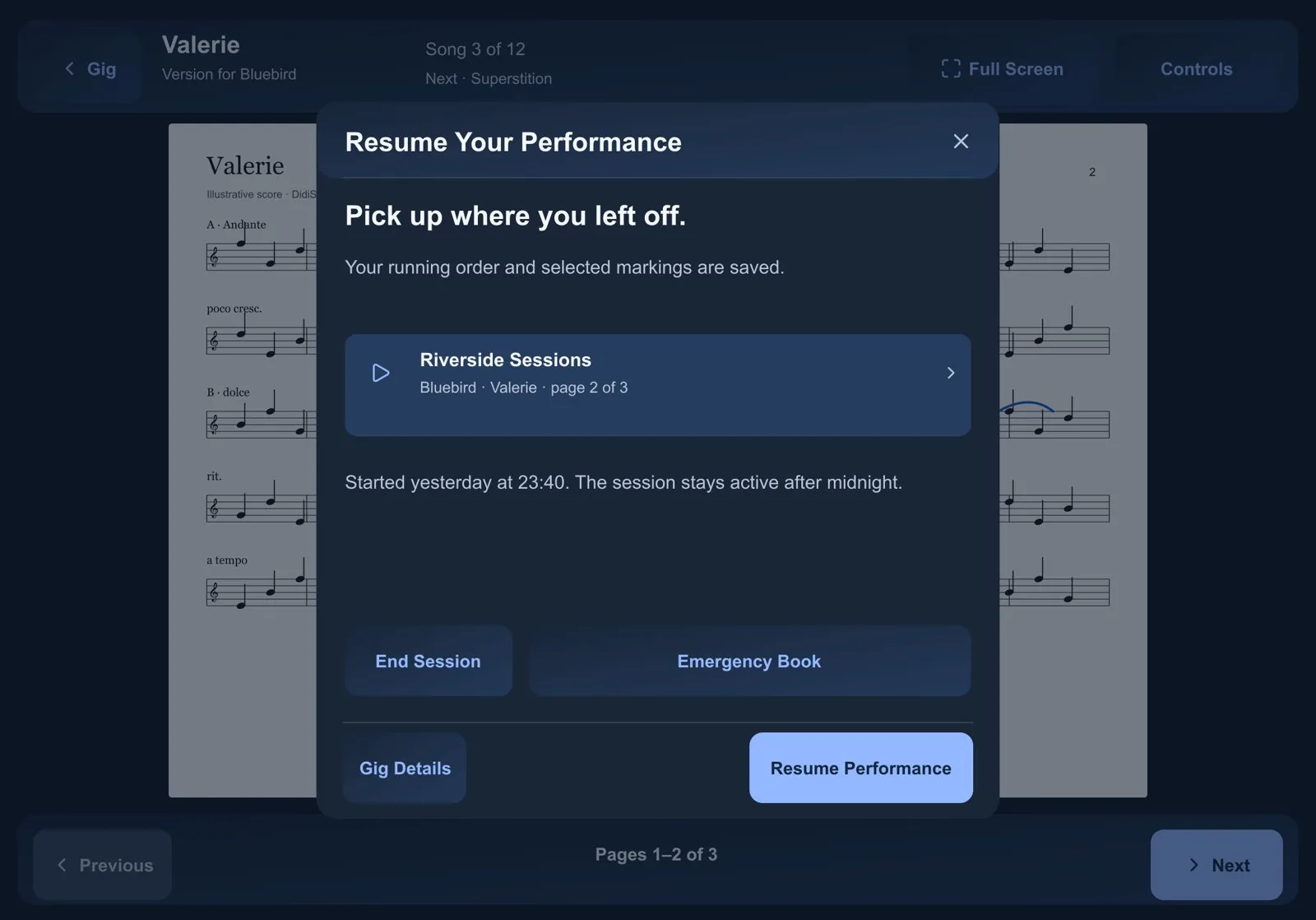 Resume Your Performance sheet: pick up where you left off, Riverside Sessions, Valerie, page 2 of 3, with Resume Performance and Emergency Book buttons.