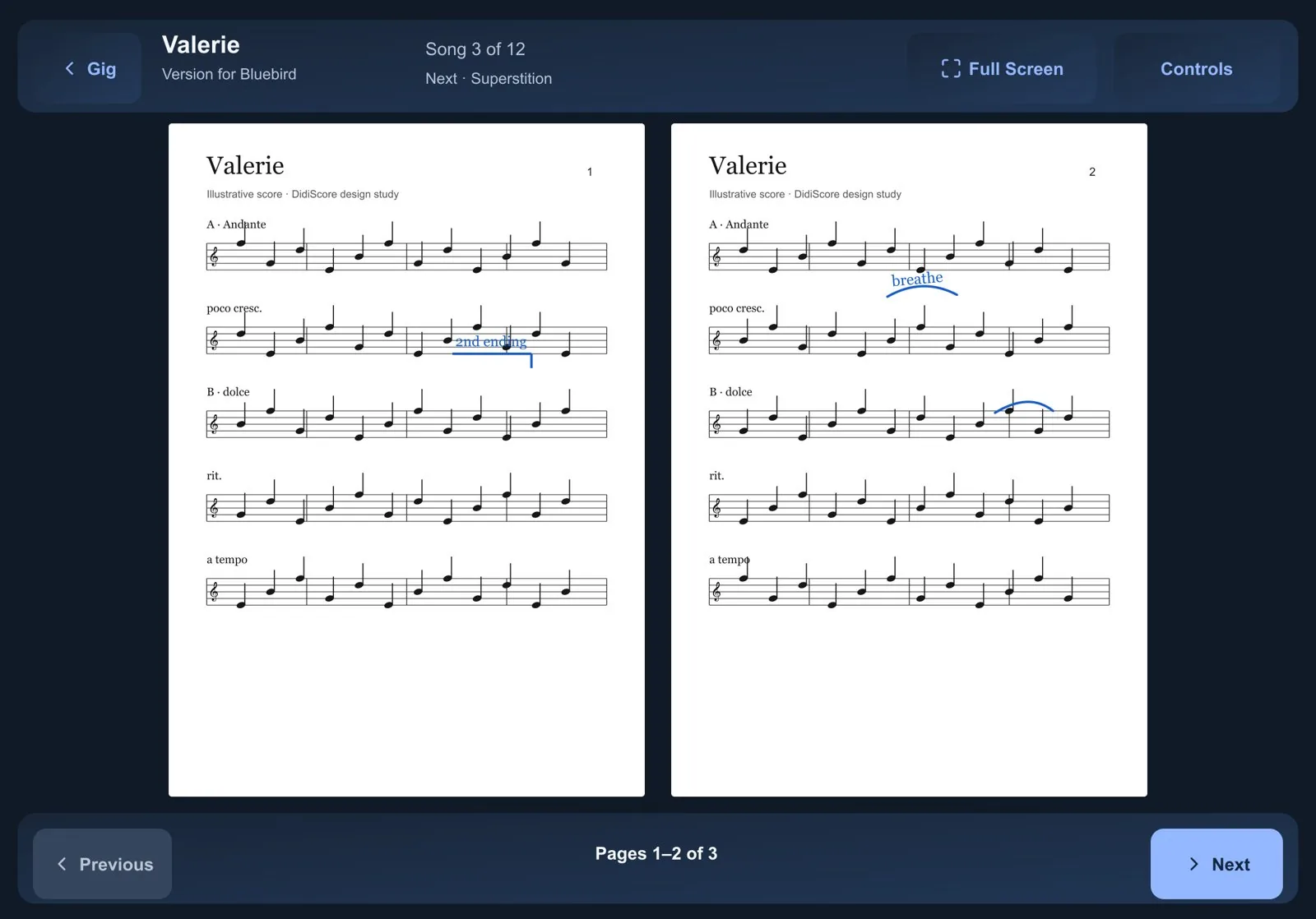 Auftrittsmodus in dunkler Bühnenansicht mit einer Doppelseite von Valerie, Song 3 von 12, oben „Als Nächstes: Superstition“.